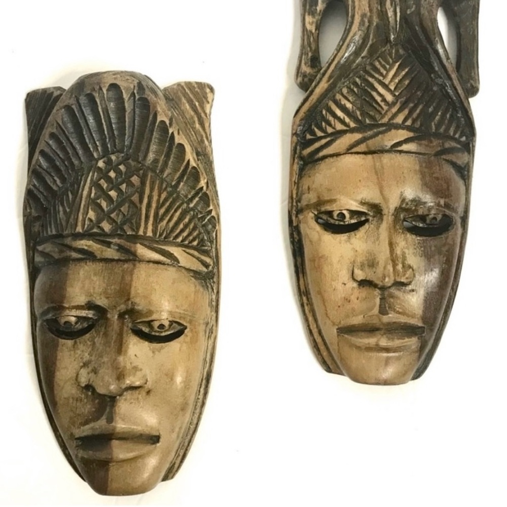 Vintage Masks Hand Carved Wooden Tribal Faces Exotic Folk Art Pair Sculptures - Picture 8 of 8